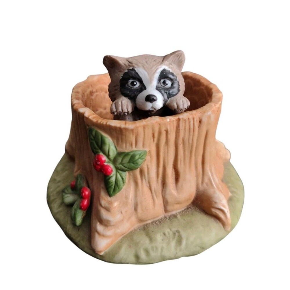 1984 Woodland Surprises  Raccoon Porcelain Figurine Trunk Jacqueline B Smith